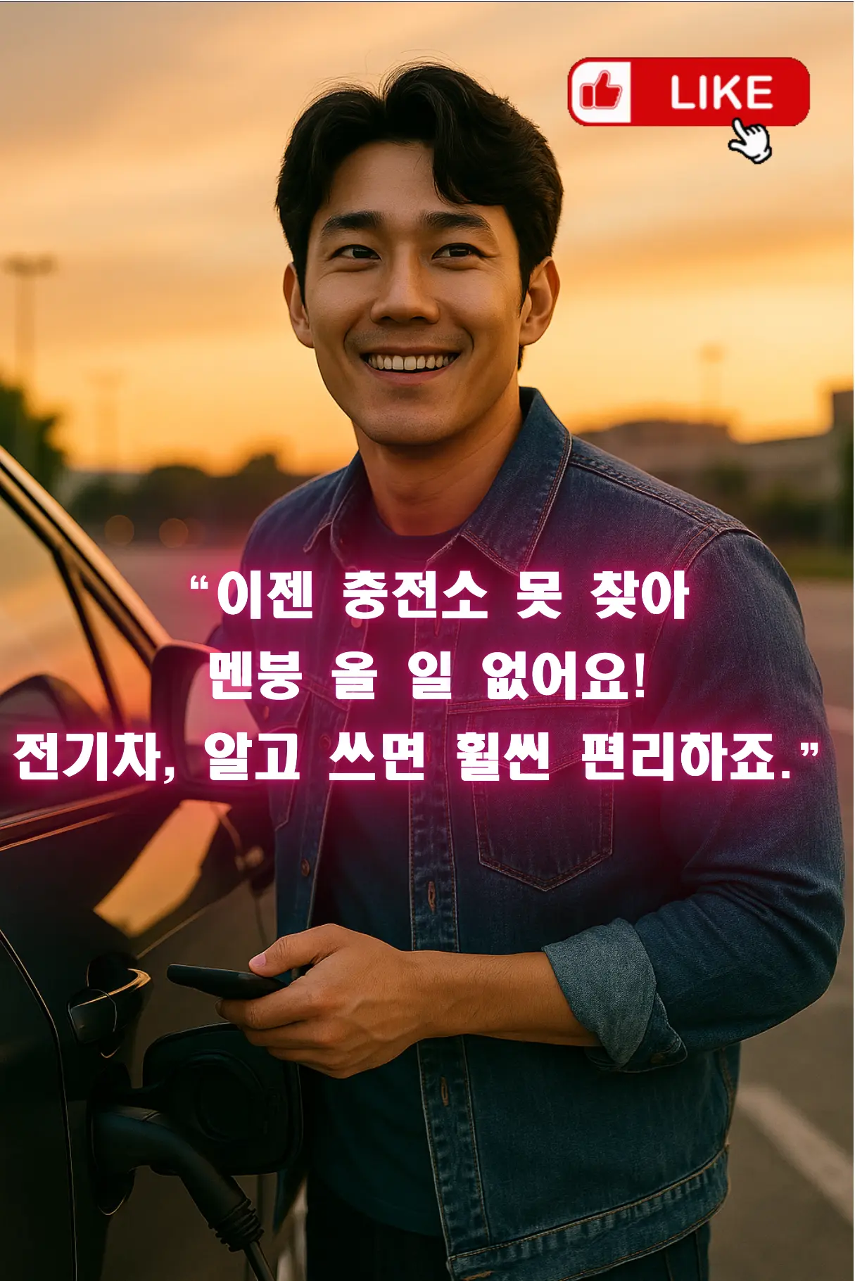 전기차 충전소 완벽 가이드 - 밤하늘 아래 충전 완료된 전기차가 주차돼 있고, 운전자가 만족스럽게 미소 짓는 장면