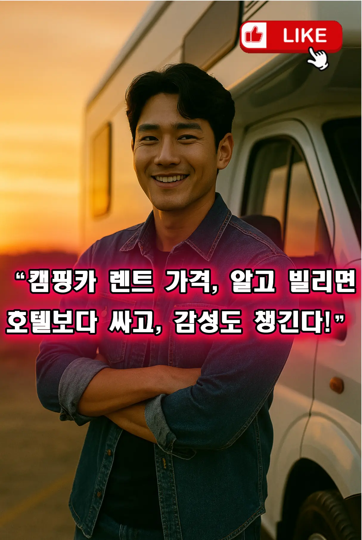 캠핑카 렌트 비용 가이드 - 대형 모터홈이 해안 도로에 주차돼 있고, 여행객들이 만족스럽게 웃는 모습