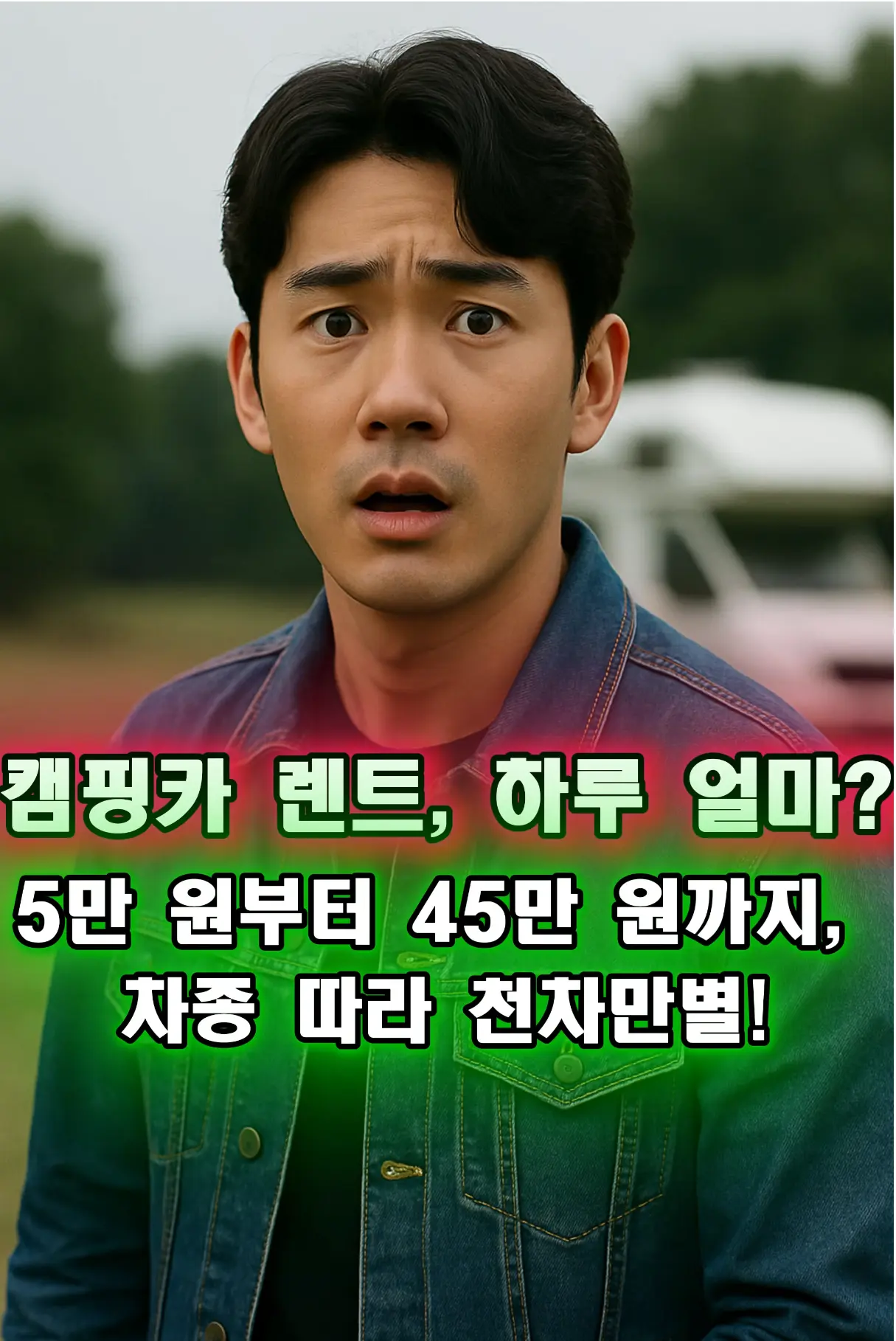 캠핑카 렌트 비용 가이드 - 작은 밴 캠핑카 앞에서 두 사람이 가격 정보를 확인하는 장면