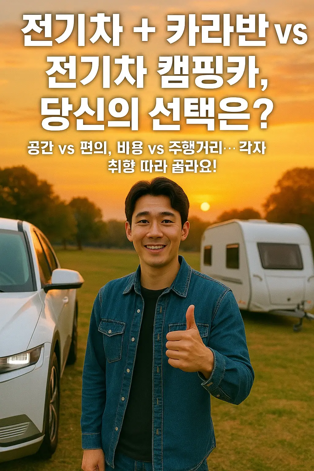 “노을진 캠핑장, 전기차+카라반 및 전기차 캠핑카가 함께 보임. 훈남이 엄지척하며 ‘결론은 본인 취향!’ 팻말 들고 있음”