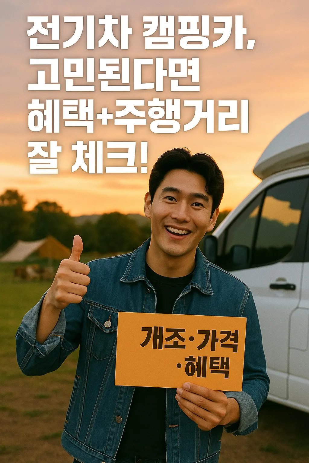 “노을 배경, 전기차 캠핑카 옆에서 ‘개조·가격·혜택’ 팻말 들고 엄지척 하는 훈남”