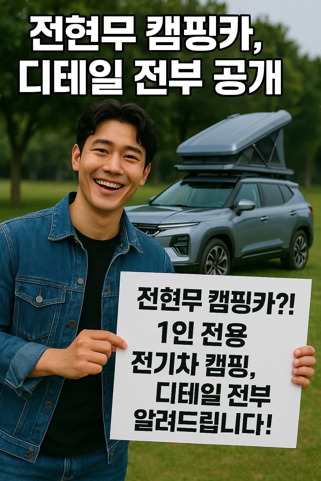 “캠핑장 풍경, 전기차 캠핑카(토레스 EVX 개조) 옆에서 훈남이 ‘전현무 1인 전기차 캠핑카’ 팻말 들고 웃는 모습.”