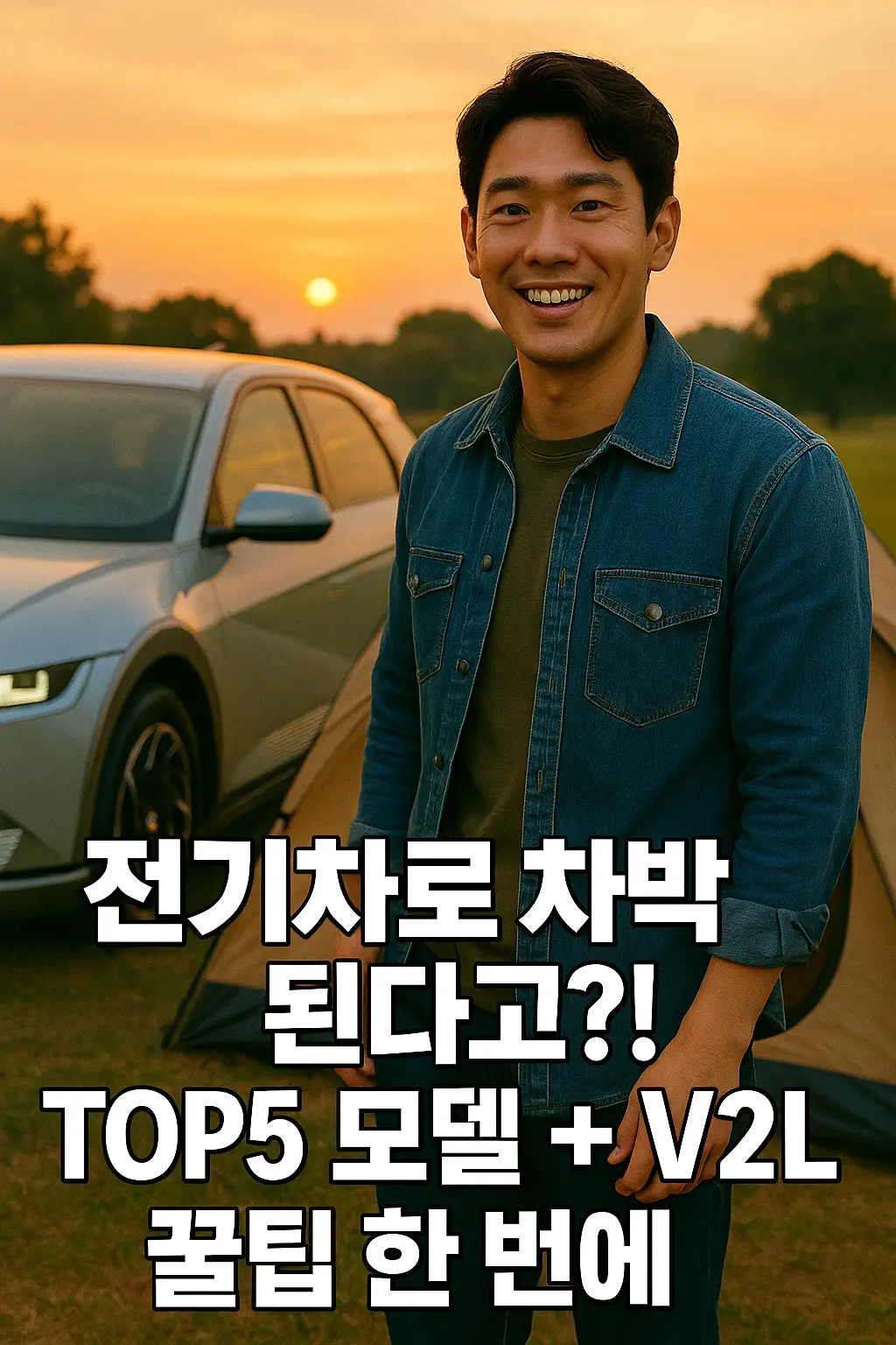 전기차 차박: 오프닝 장면, SUV 옆 텐트가 펼쳐진 노을 배경"