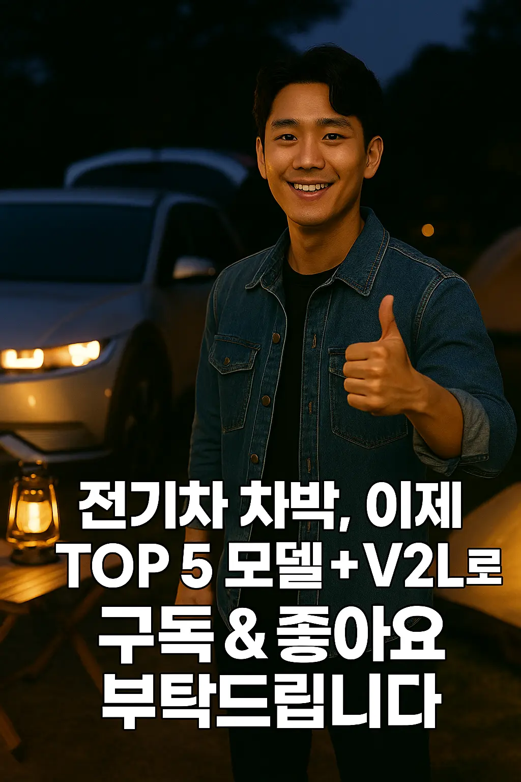 "전기차 차박: 모든 준비 마치고 전기차 옆에서 엄지척하는 운전자, 밤하늘 배경"