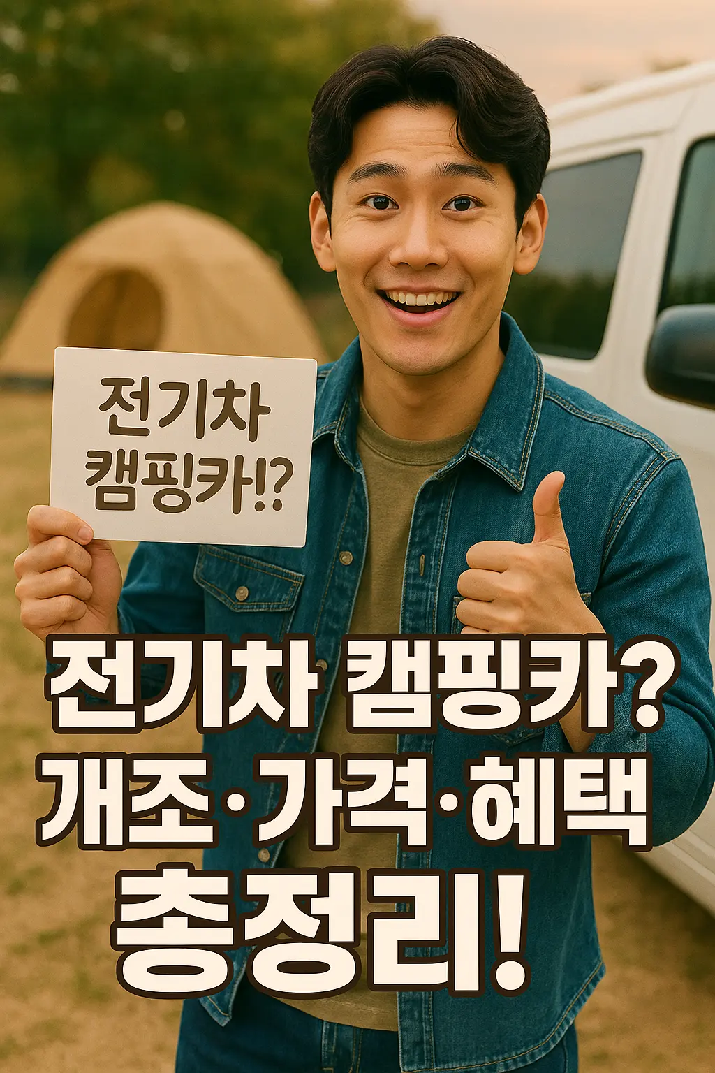 “전기차 캠핑카 개조, 실외 캠핑장 배경에서 전기 밴(아이오닉·봉고 EV 등) 옆에 서 있는 훈남, 텍스트 ‘개조·비용·보조금·충전 총정리!’”