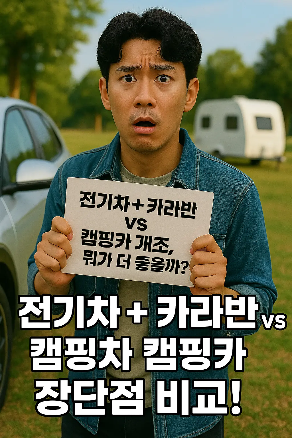 “전기차 옆에 카라반, 그리고 전기차 캠핑카 개조된 차량이 나란히 보임. 훈남이 ‘전기차 카라반 vs 전기차 캠핑카, 뭘 고를까?’ 라는 표지판 들고 고민 중”