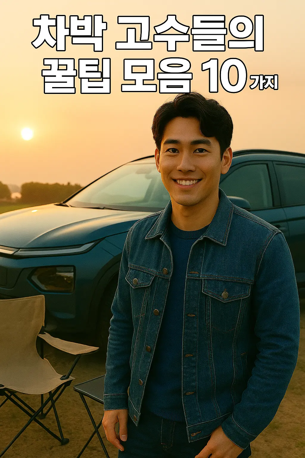 차박 디테일 팁: 오프닝 장면, 해 질 녘 풍경 속 SUV와 캠핑 무드