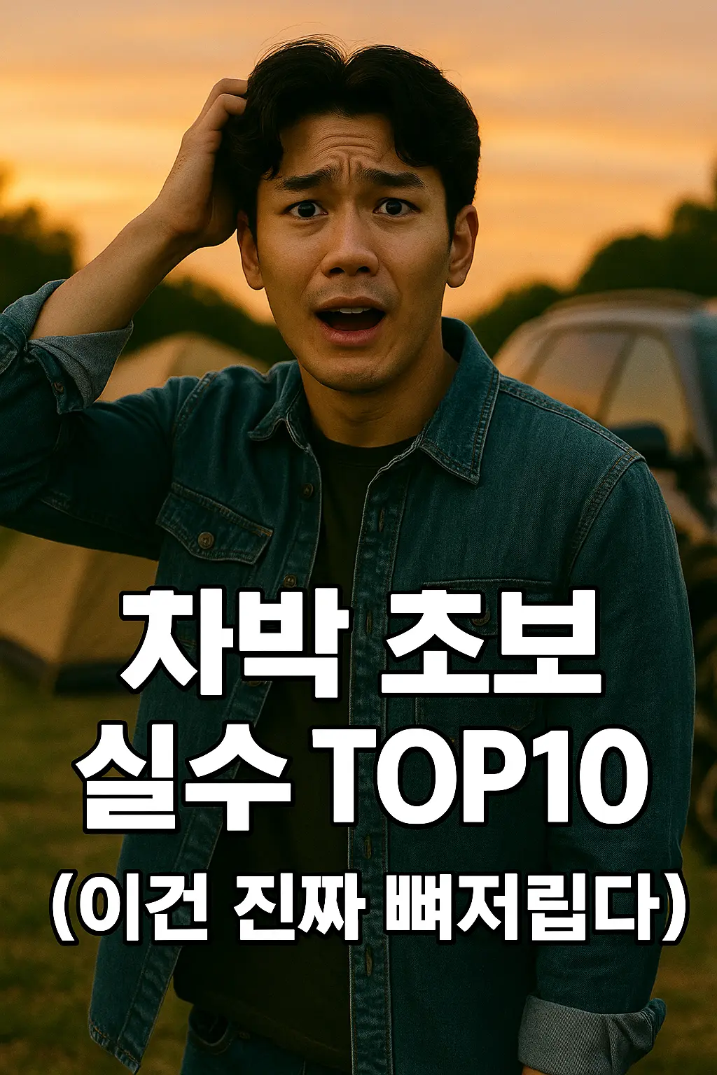 Alt: "차박 초보 실수 TOP10: 오프닝 장면, 텐트 옆에서 당황 표정의 훈남과 SUV"