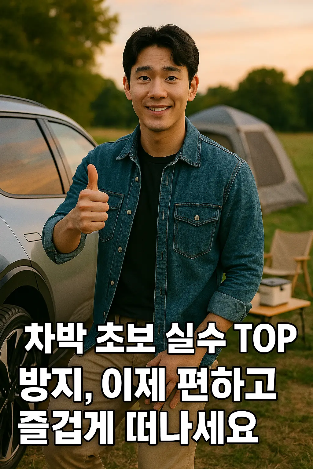 최종 엔딩, 깔끔 정리된 차박 세팅 옆에서 훈남이 엄지척 포즈"