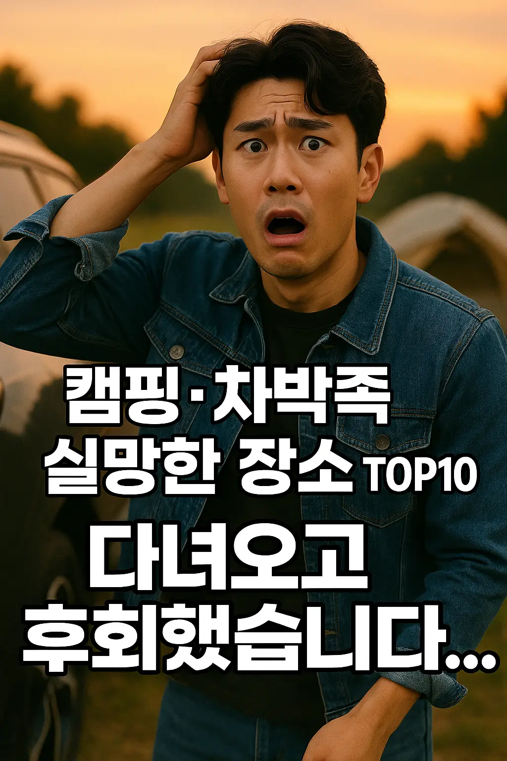 차박 캠핑 실망 장소 TOP10 오프닝, 훈남이 당황한 표정으로 SUV 옆에 서 있음”