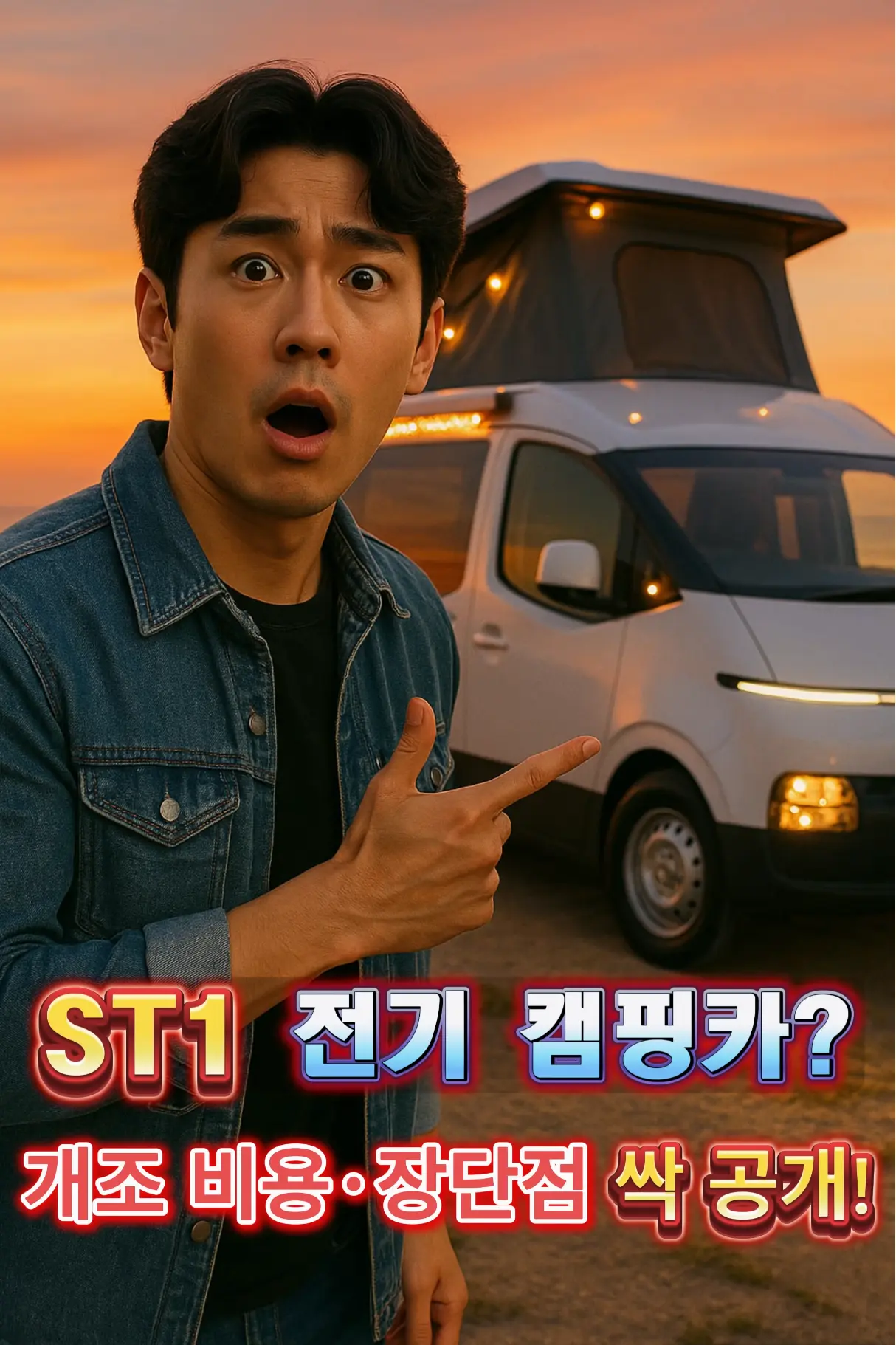 “현대 ST1 전기 밴 캠핑카 개조 가이드 – 노을 속 ST1 전기 밴과 팝업 루프, 훈남이 차량을 가리키는 장면”