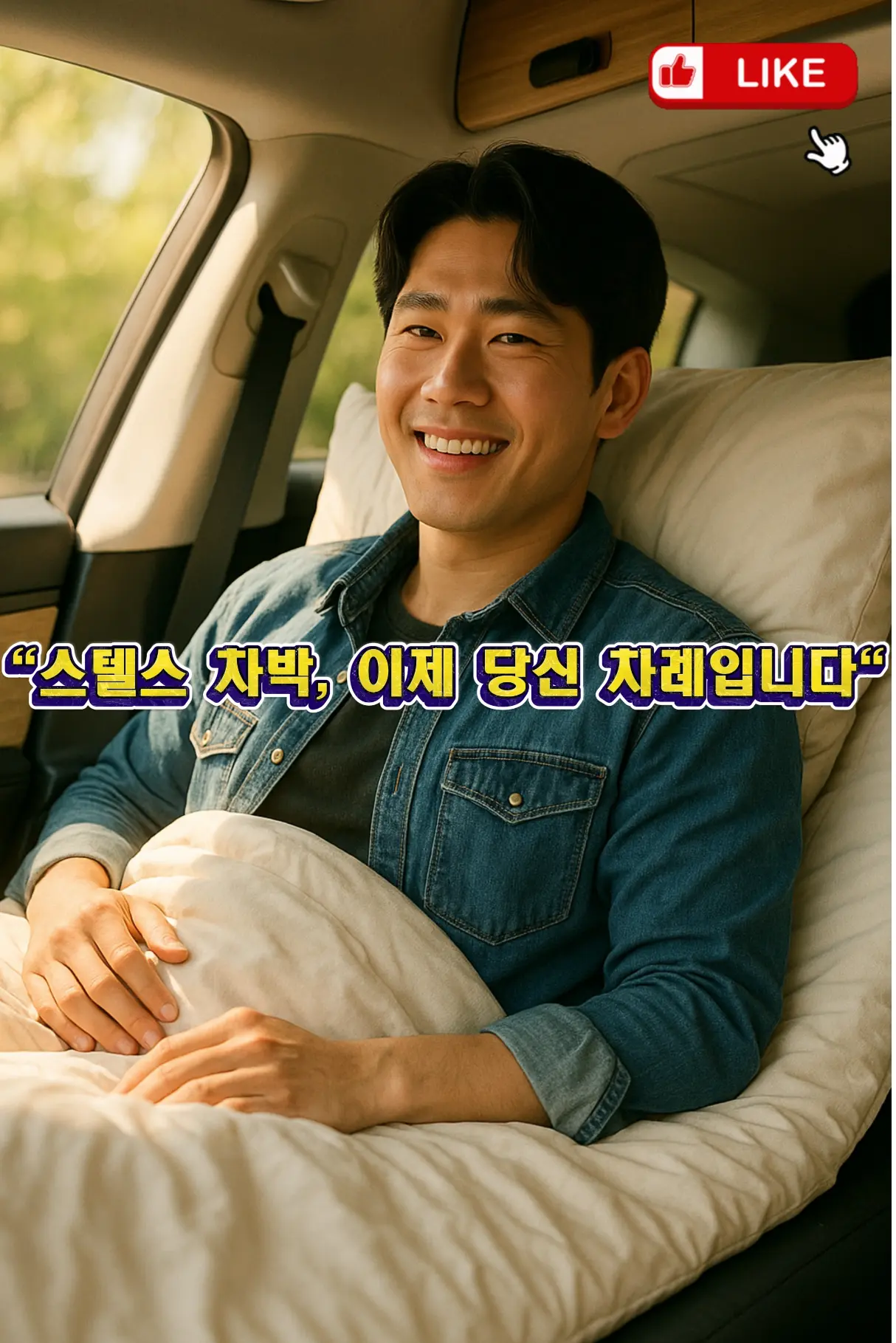 “조용한 전기차 차박 가이드 – 아침 햇살 속 편안하게 기상한 남성”