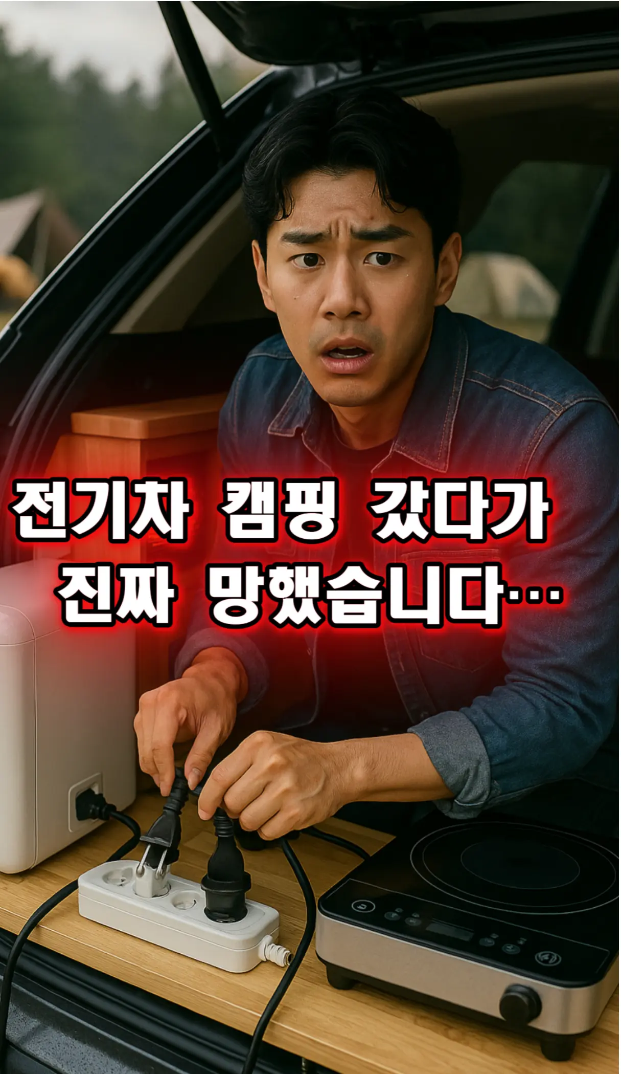"전기차 차박 트러블 TOP10: 전기차 캠핑카와 배터리 경고등이 함께 보이는 장면"