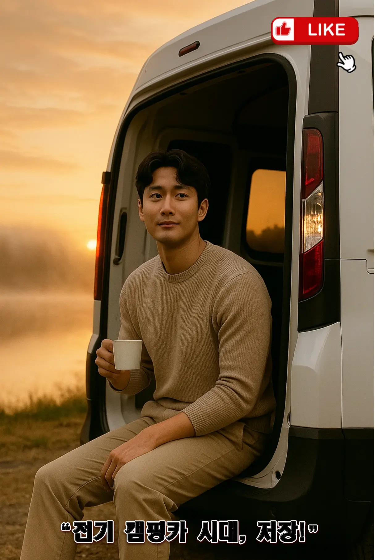 “현대 ST1 전기 밴 캠핑카 개조 가이드 – 호숫가에 주차된 ST1 캠핑카, 트렁크에서 새벽 커피를 즐기는 남성”