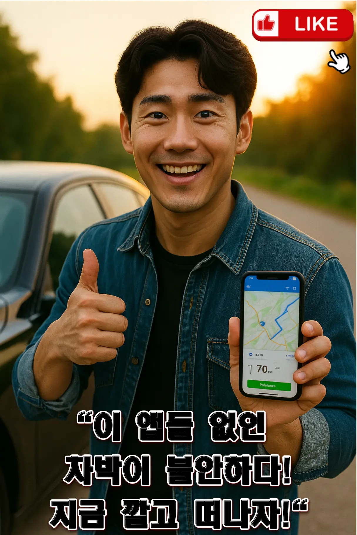"노을 진 해안가에서 밴 옆에 의자를 펴고 쉬는 모습, 마지막 휴식을 즐기는 밴라이퍼"