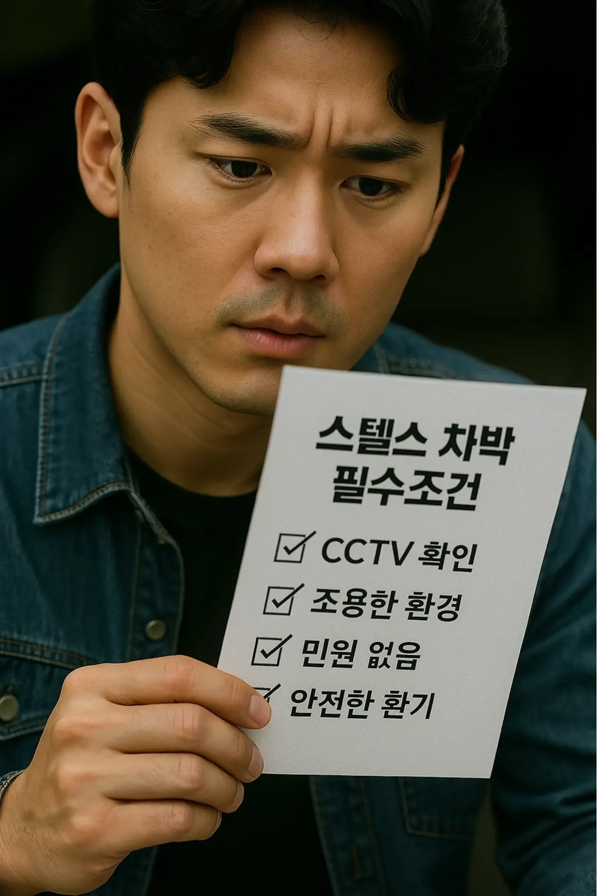 “체크리스트로 ‘CCTV·조용한 환경·민원 없음·안전 환기’를 확인하는 남성, ‘눈치 안 보는 차박 가이드’ 사전 점검”