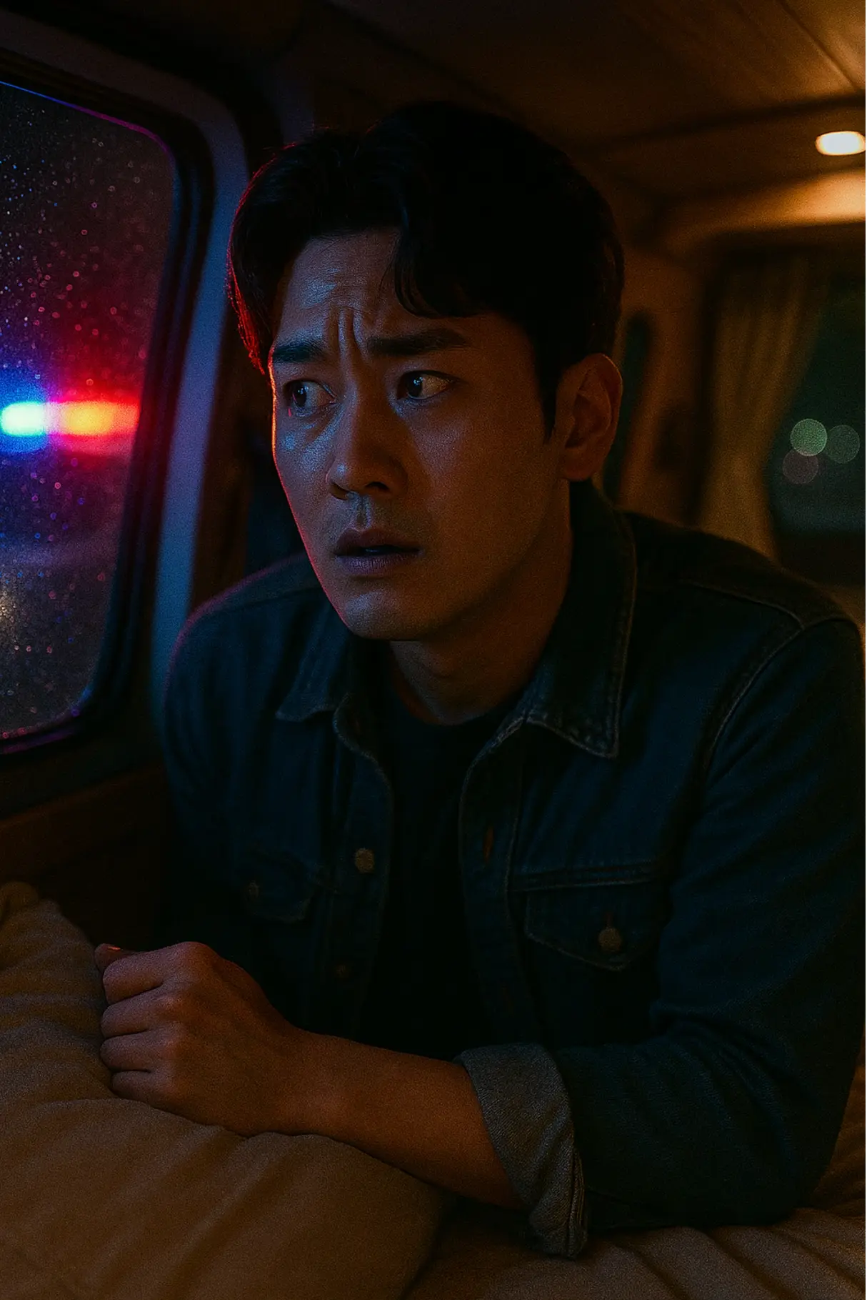 “조용한 전기차 차박 도중 단속 여부를 살피는 남성, 창밖으로 경찰차 경광등”