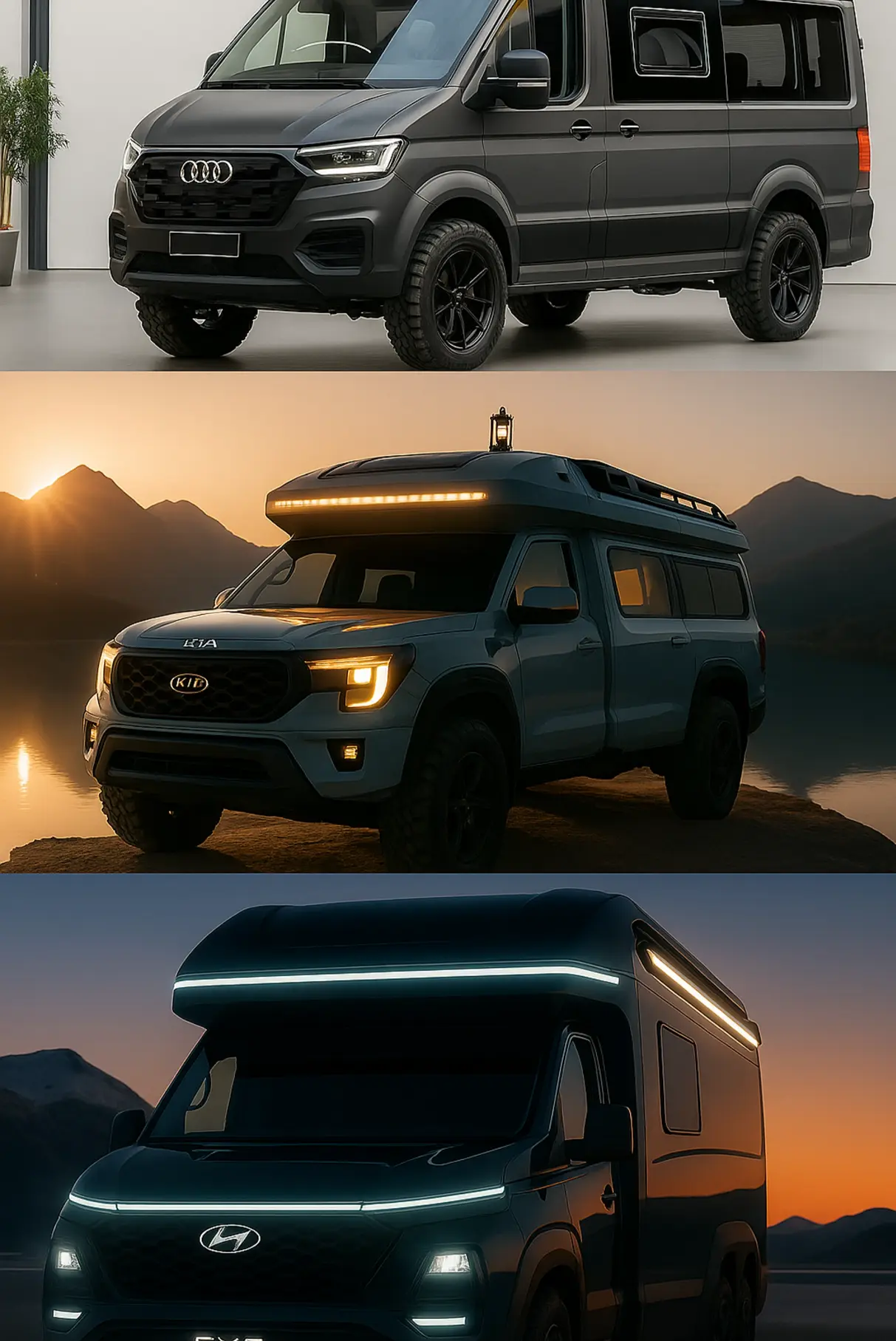 Side‑by‑side collage of Audi camper, Kia PV5, Hyundai e‑X concept