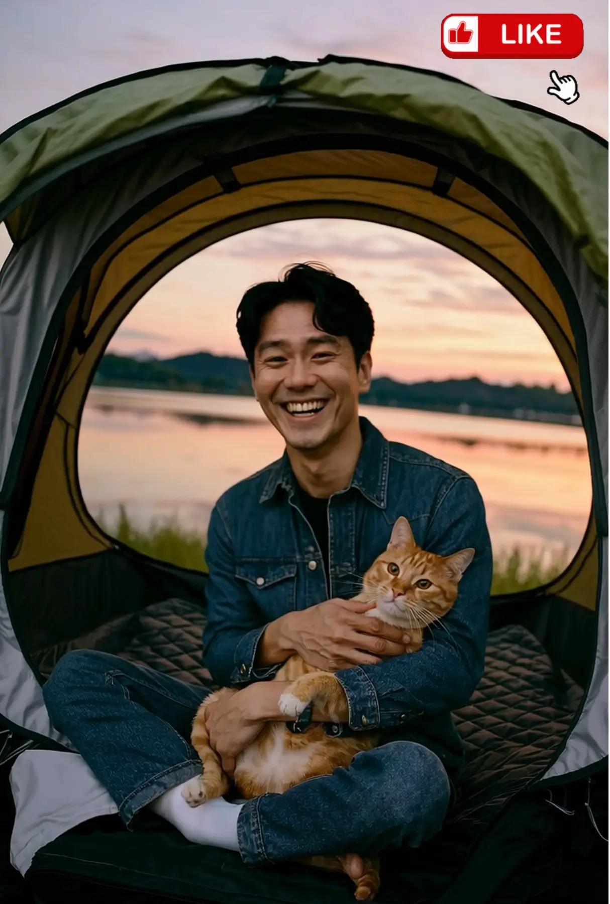 “호숫가 텐트 안에서 반려 고양이를 안고 웃는 남성 – 노을 차박”