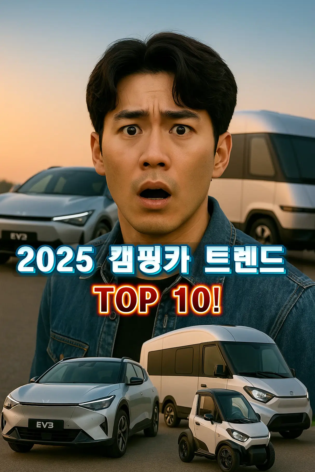 “기아 EV3·전기 밴·트라이크 캠퍼 앞에서 놀란 표정을 짓는 남성 – EV 차박 트렌드”